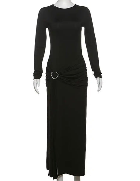 Women Sexy Solid Color Full Sleeve Bling Heart Maxi Dress
