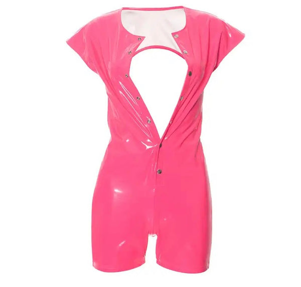 Women Sexy Fashion PU Button Up Short Sleeve Open Back Romper