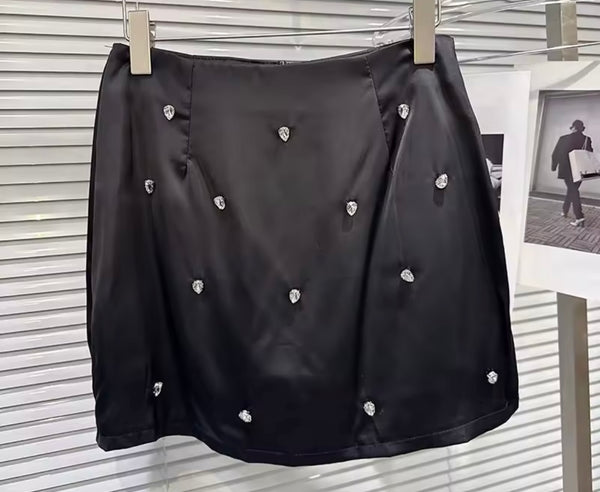 Women Sexy Satin Rhinestone Full Sleeve Two Piece Skirt Set