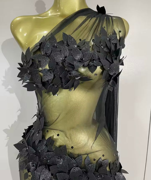 Women Sexy One Shoulder Sleeveless 3D Floral Mesh Maxi Dress