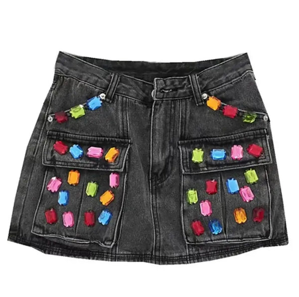 Women Fashion Color Crystal Patchwork Denim Skirt