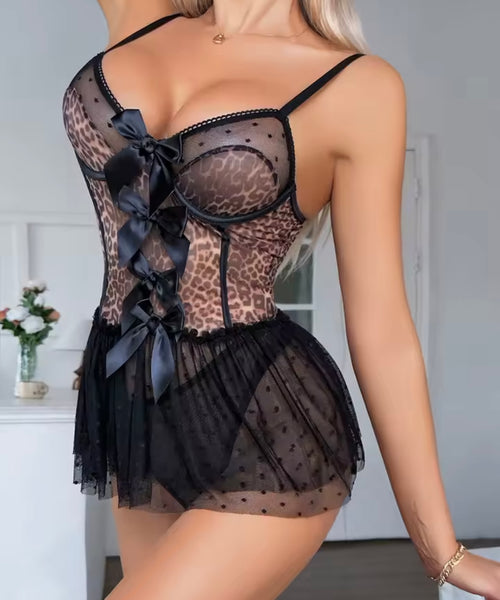 Women Sexy Leopard Bow Mesh Lingerie Set
