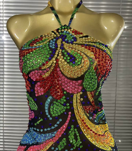 Women Sexy Multicolored Halter Sleeveless Rhinestone Dress