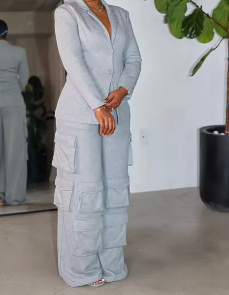 Women Fashion Gray Blazer Two Piece Cargo Pant Set