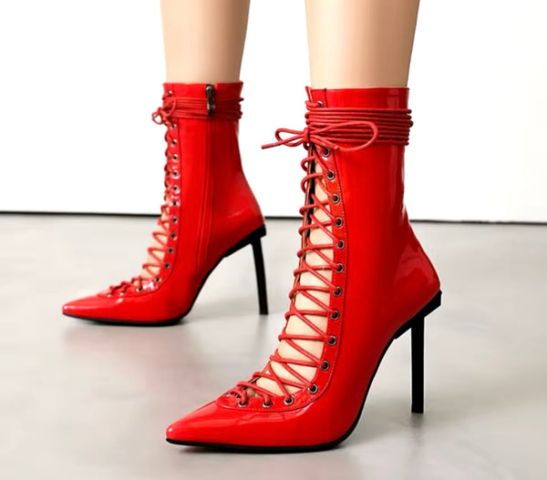 Women Fashion Pointed Toe Patent Leather Lace Up Ankle Boots