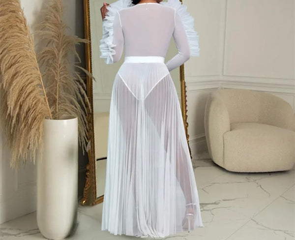 Women Sexy Full Sleeve Ruffled Mesh Maxi Dress