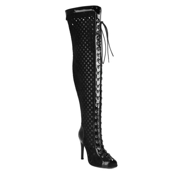 Women Fashion Open Toe Lace Up Hollow Out Knee High Boots