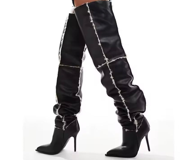 Women Pointed Toe Plush Leather Over The Knee High Heel Boots