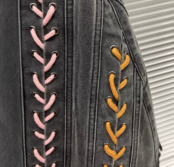 Women Sexy Fashion Color Lace Up Denim Skirt