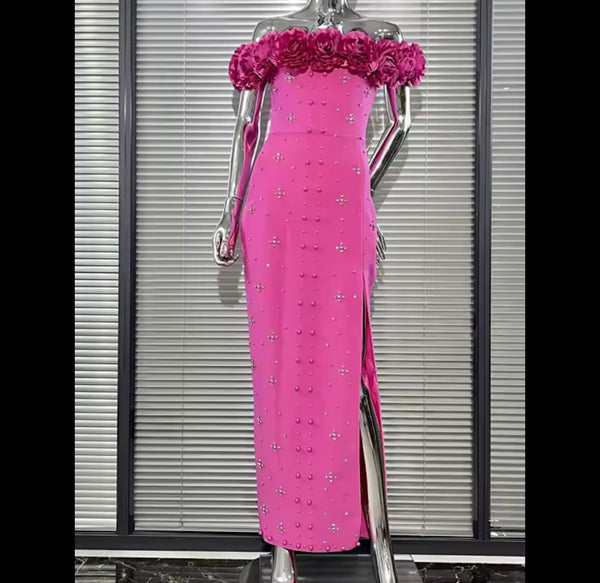 Women Floral Strapless Beaded Rhinestone Maxi Dress