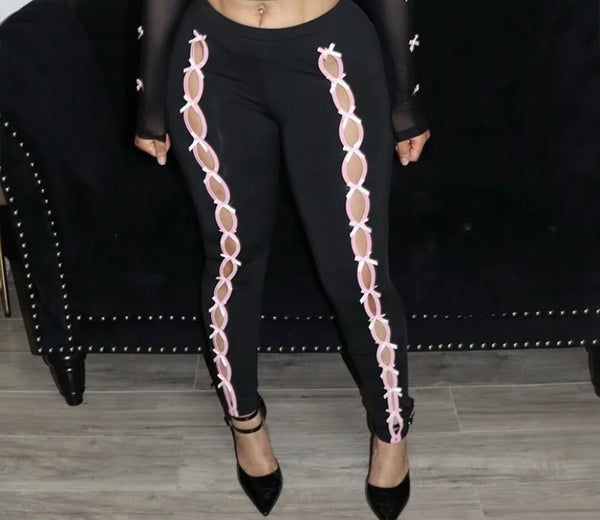 Women Black Pink Bow Fashion Stretch Pants