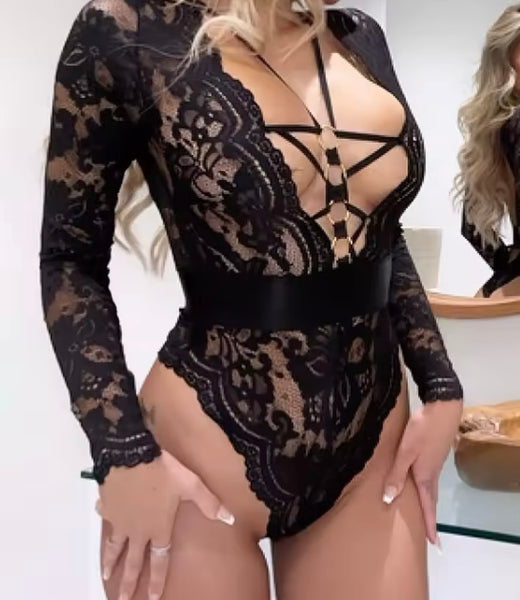 Women Sexy Black Lace Open Back Full Sleeve Bodysuit Lingerie