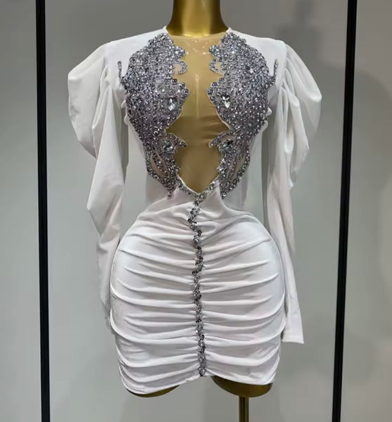 Women Sexy Velour Rhinestone Mesh Full Sleeve Ruched Dress