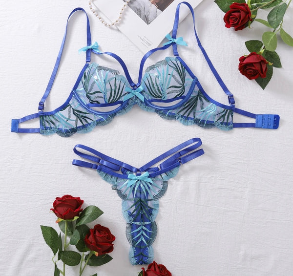 Women Sexy Blue Printed Mesh Lingerie Set