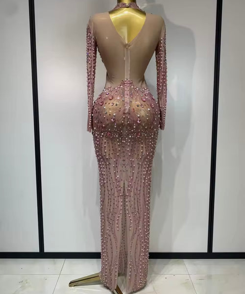 Women Sexy Beaded Rhinestone Full Sleeve Mesh Maxi Dress