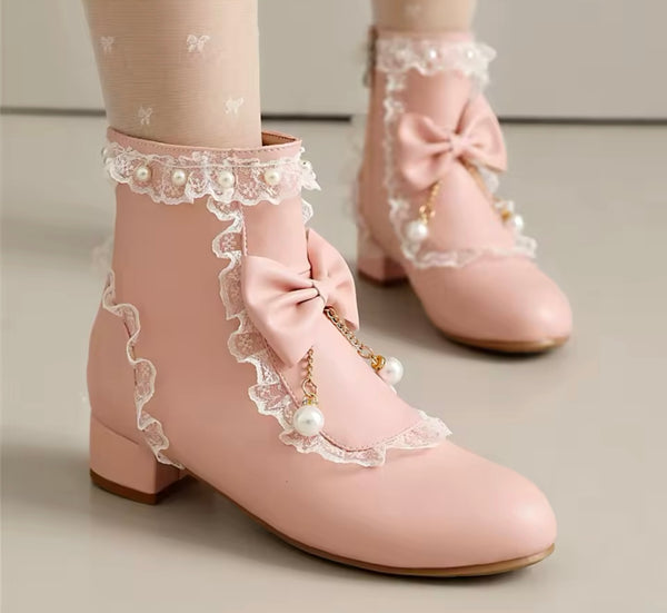 Women Fashion Pearl Color Patchwork Ruffled Bow Flat Ankle Boots