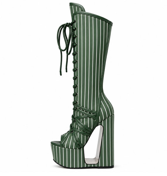 Women Fashion Striped Open Toe Platform Wedge Tie Up Boots
