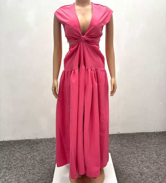 Women Pink Sexy Short Sleeve Cut Out Maxi Dress
