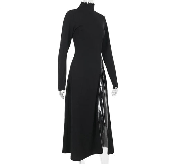 Women Sexy Black Side Zipper Full Sleeve Maxi Dress