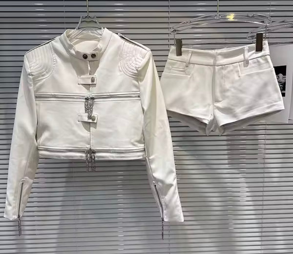Women Fashion Faux Leather Jacket Two Piece Short Set