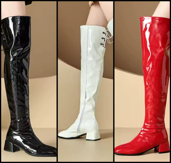 Women Patent Leather Back Tie Up Flat Knee High Boots