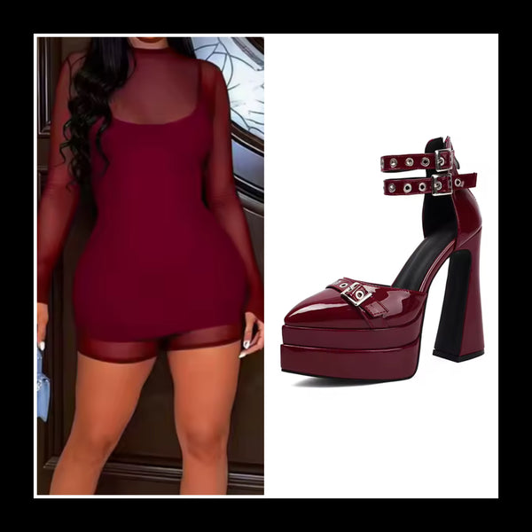 Women Pointed Toe Platform Patent Leather Ankle Strap High Heels