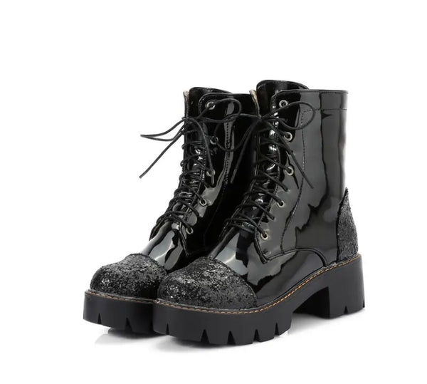 Women Fashion Patent Leather Sequins Patchwork Lace Up Ankle Boots