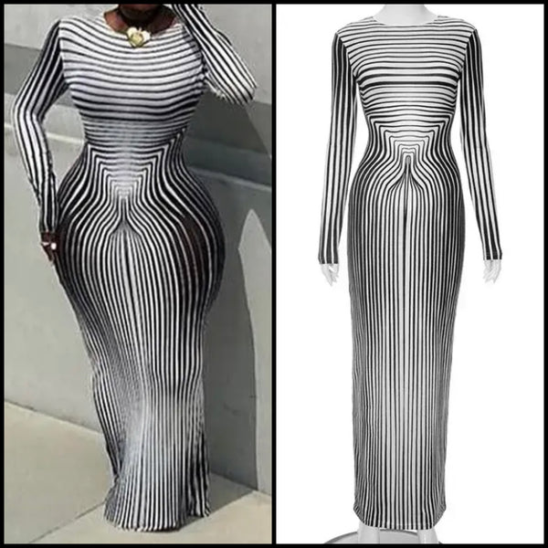 Women Sexy Fashion B&W Striped Full Sleeve Maxi Dress