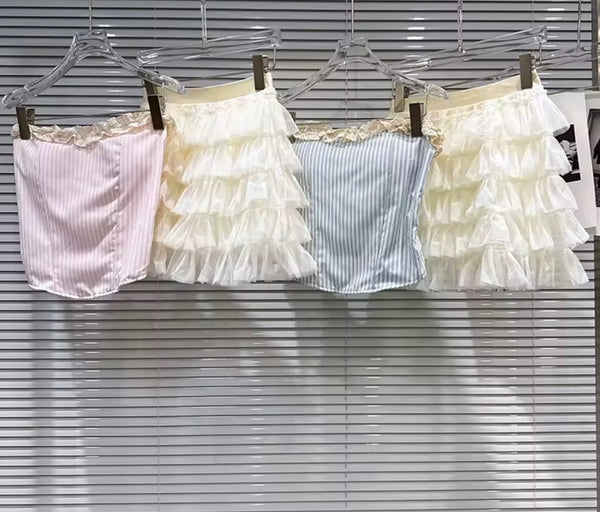 Women Sexy Striped Strapless Two Piece Ruffled Skirt Set