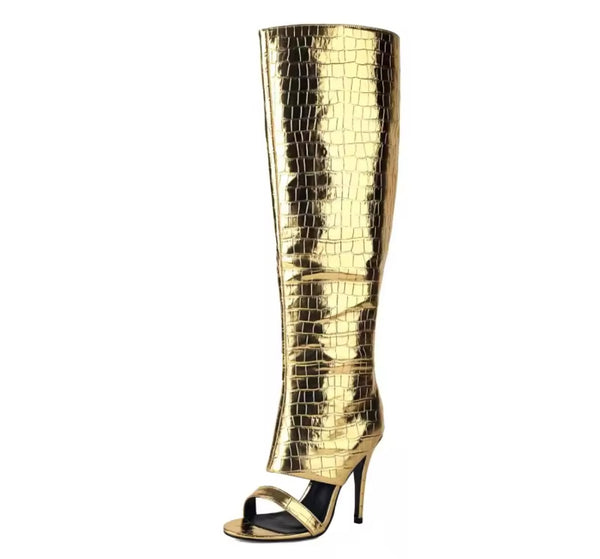 Women Fashion Open Toe Metallic Knee High Boots