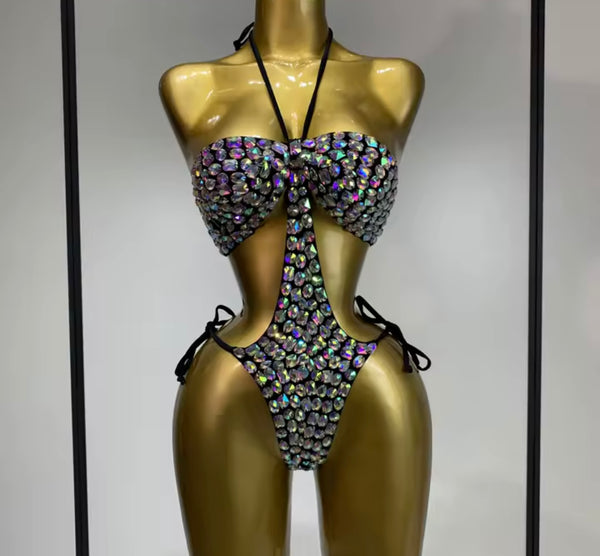 Women Sexy Black Halter Crystal Swimsuit
