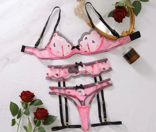 Women Sexy Pink Colorful Heart Mesh Lingerie Set