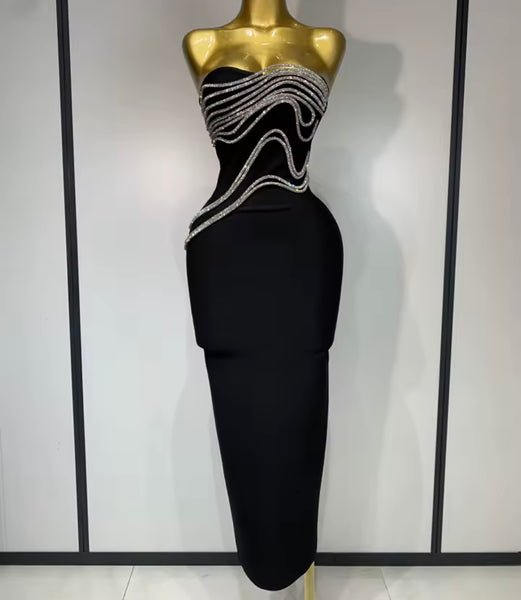 Women Black Sexy Strapless Rhinestone Maxi Dress