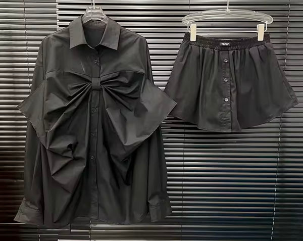 Women Fashion Bow Button Up Tie Full Sleeve Two Piece Skirt Set