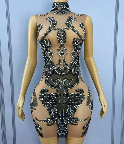Women Sexy Sleeveless Mesh Black Rhinestone Dress