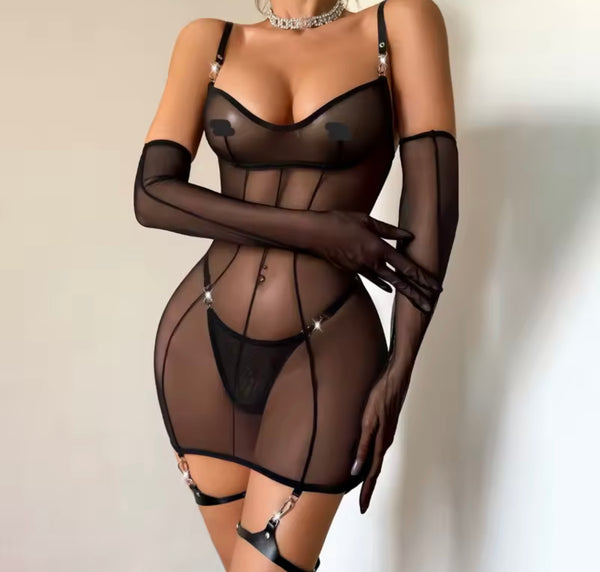 Women Sexy Black See Through Mesh Nightgown Lingerie Set