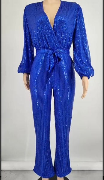 Women Sexy Sequins V-Neck Full Sleeve Tie Up Jumpsuit