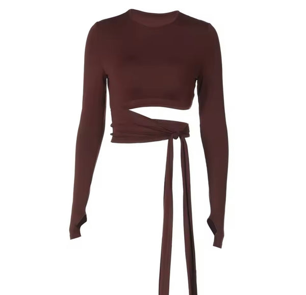 Women Fashion Full Sleeve Cut Out Tie Up Tassel Crop Top