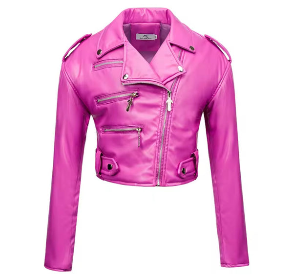 Women Color Zipper Fashion Faux Leather Crop Jacket