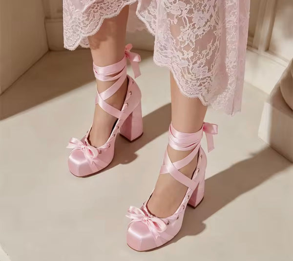 Women Fashion Square Toe Satin Bow Ribbon Lace Up High Heels
