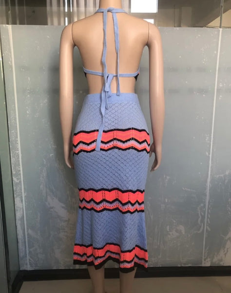 Women Sexy Halter Sleeveless Color Striped Two Piece Maxi Skirt Set