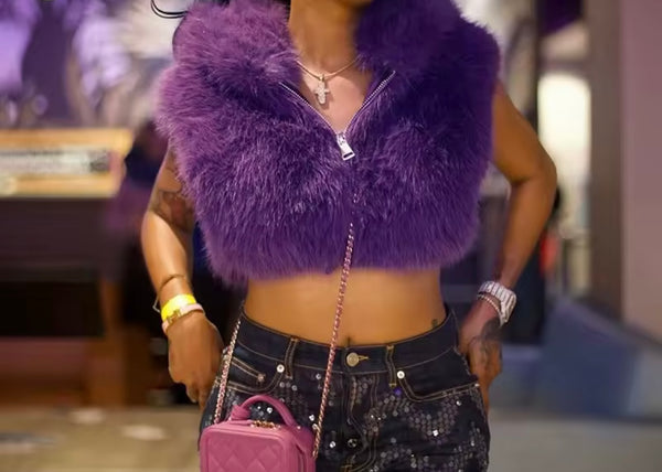 Women Zip Up Hooded Sleeveless Fashion Faux Fur Crop Vest Jacket