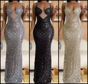 Women Sexy Sleeveless Sequins Mesh Patchwork Maxi Dress