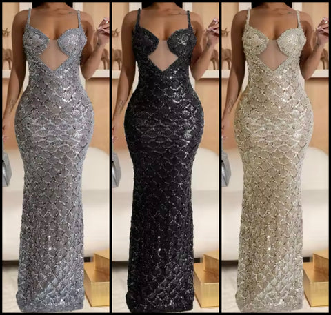 Women Sexy Sleeveless Sequins Mesh Patchwork Maxi Dress