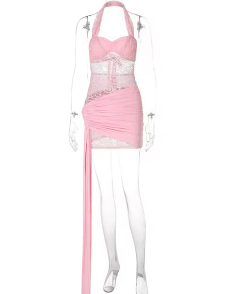 Women Sexy Halter Sleeveless Pink Lace Dress