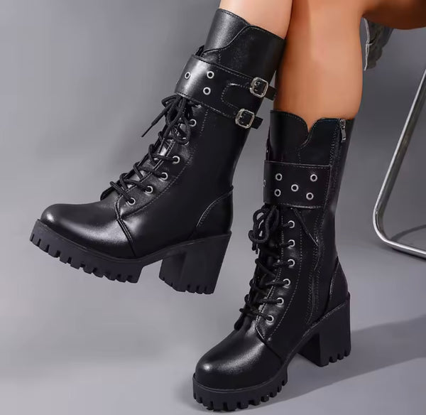 Women Fashion Tie Up Double Buckle Zip Up Ankle Boots