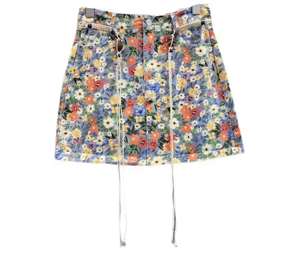 Women Sexy Fashion Floral Belted Denim Skirt
