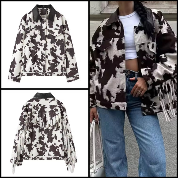 Women Fashion Animal Print Fringe Tassel Jacket