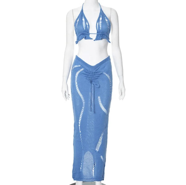 Women Blue Sexy Halter Sleeveless Two Piece Short Set