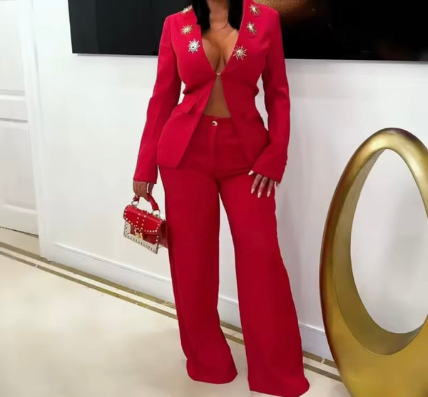 Women Embellished Full Sleeve Blazer Two Piece Pant Set